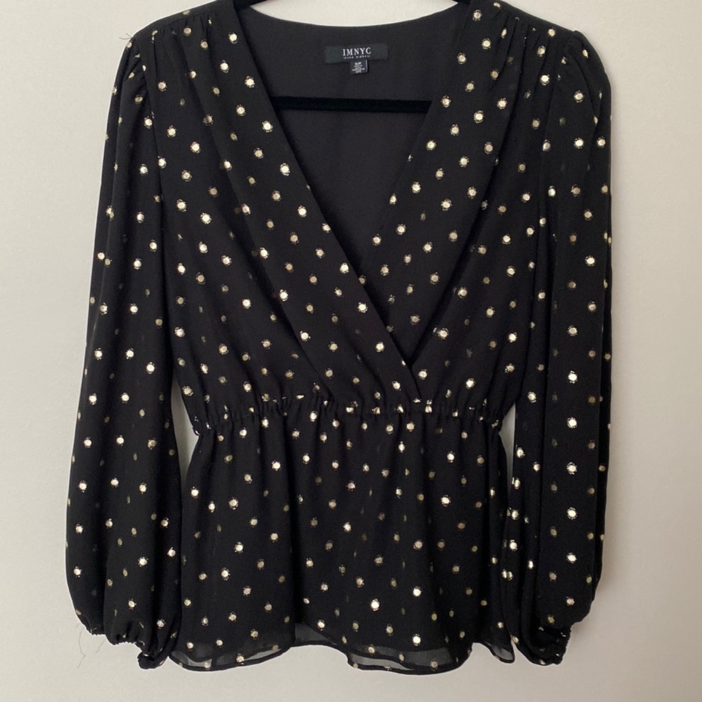 Isaac Mizrahi black and gold polka dot long sleeve blouse size small